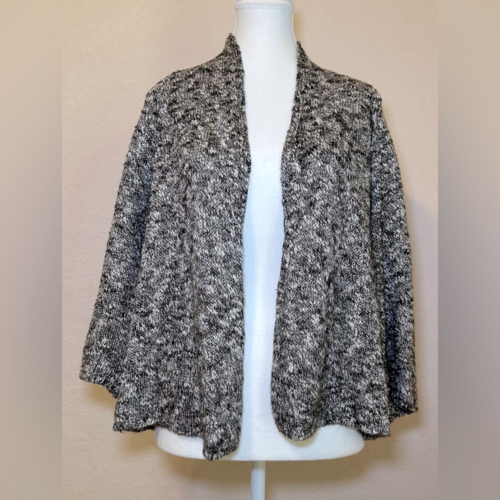 Eileen Fisher Marled Linen blend knit pen front cardigan grey gray black white